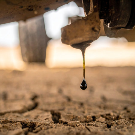 A single, dark drop of used motor oil is captured mid-fall from the rusty undercarriage of a vehicle, symbolizing a need for urgent maintenance. This close-up highlights the mechanical problem, the potential for environmental pollution, and the hidden costs of car ownership.の素材