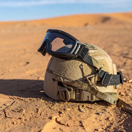 A soldiers combat helmet and tactical goggles rest on a sun-scorched sand dune. The empty landscape suggests a moment of quiet reflection, the end of a long mission, or a tribute to service in a harsh and demanding environment.の素材