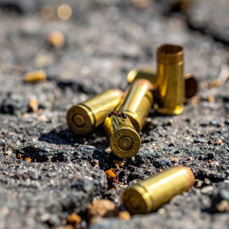 A close-up shot captures the grim aftermath of a violent event. Spent brass bullet casings are scattered across the rough asphalt, glinting in the light. This powerful image serves as stark evidence at a crime scene, symbolizing conflict, danger, and the serious consequences of gun violence.の素材