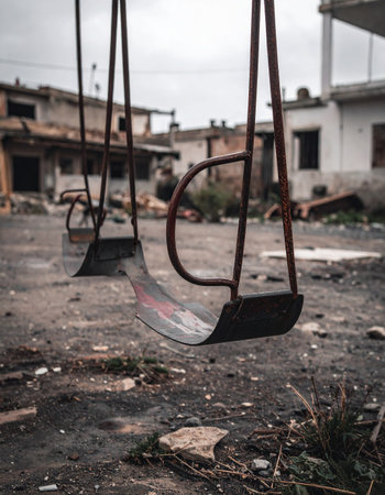 In the heart of a forgotten city, a lone, rusty swing hangs motionless. It stands as a silent monument to a bygone era, its weathered seat holding only the memories of laughter and play that once filled the now-desolate air. The surrounding decay tells a story of abandonment and the quiet passage of time.の素材