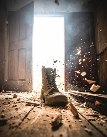 A low-angle view captures the intense moment of a forced entry. A combat boot stands firm on a dusty wooden floor as debris explodes outwards from a kicked-in door. Bright light floods the dark, abandoned room, creating a dramatic and suspenseful atmosphere of action and intrusion.の素材
