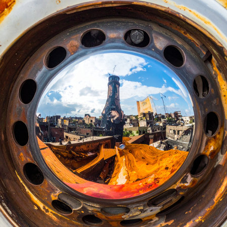 A distorted, fisheye reflection captures an industrial cityscape within the confines of a rusted metal wheel. This abstract view offers a unique perspective on urban decay and the passage of time, framing the modern world through a lens of forgotten industry.の素材