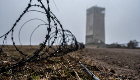 A close-up of rusted barbed wire on desolate ground tells a story of past conflict. In the misty background, a silent watchtower stands as a haunting reminder of division, surveillance, and a bygone era of tension. The scene is filled with a sense of history and melancholy.の素材