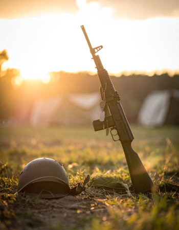 As the sun sets over a quiet battlefield, a soldiers rifle and helmet stand as a solemn tribute. A powerful symbol of sacrifice, honor, and the hope for peace after conflict, capturing a moment of quiet reflection and remembrance.の素材