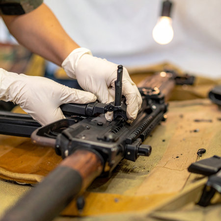 With meticulous precision, a skilled armorer wearing protective gloves carefully assembles the complex mechanism of a heavy machine gun. The focused task highlights the expertise and responsibility involved in maintaining military hardware for readiness and security.の素材