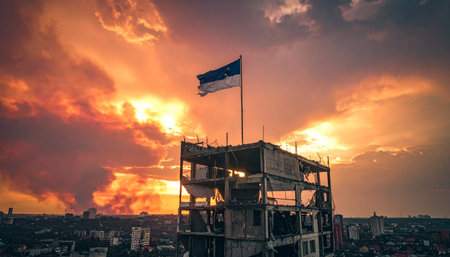 A national flag waves from the top of a skeletal, ruined building, silhouetted against a dramatic and fiery sunset. This powerful image evokes themes of resilience, hope amidst destruction, and enduring pride in the face of adversity or change.の素材