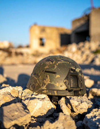 A lone combat helmet rests on the rubble of a destroyed building, a silent testament to the cost of conflict. The warm light of the setting sun illuminates the scene, evoking a sense of loss, remembrance, and the enduring aftermath of war.の素材