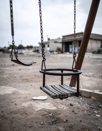 In a quiet, forgotten corner of town, an old swing set stands as a silent monument to past laughter. The weathered wood and rusted chains tell a story of time passed and memories faded, set against a somber, overcast sky.の素材