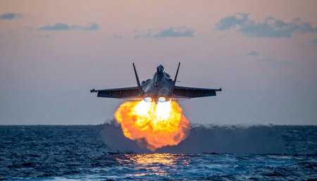 A naval fighter jet erupts with power, its afterburners blazing against the twilight sky as it launches from an aircraft carrier. This dramatic scene captures the peak of military technology and the sheer force required for a mission over the open ocean at dusk.の素材
