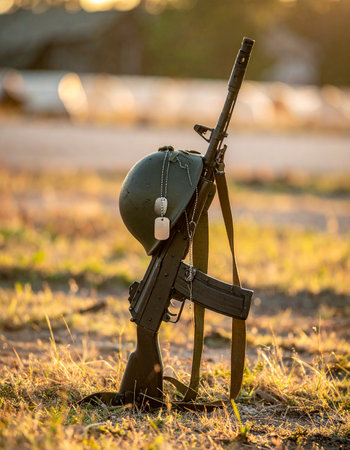 In the quiet glow of a setting sun, a battlefield cross stands as a solemn tribute. The rifle, helmet, and dog tags form a powerful memorial, honoring the ultimate sacrifice made by a fallen hero in the line of duty. A poignant symbol of remembrance, courage, and loss.の素材