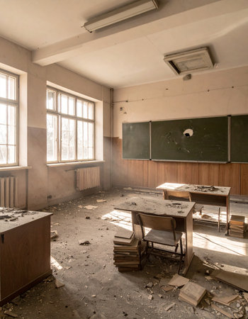 In the quiet of an abandoned school, a classroom is frozen in time. Light from the windows cuts through the dusty haze, revealing a scene of decay and neglect where education once thrived. A powerful image of memory, loss, and the passage of time.の素材