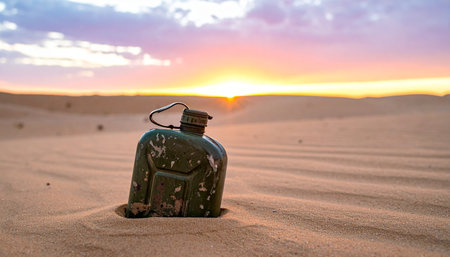 A lone survival canteen rests half-buried in the rippling desert sand as the sun sets on the horizon. The warm, golden light evokes a sense of both profound solitude and enduring hope in a vast, arid landscape, symbolizing resilience and the essential need for water in a challenging journey.の素材