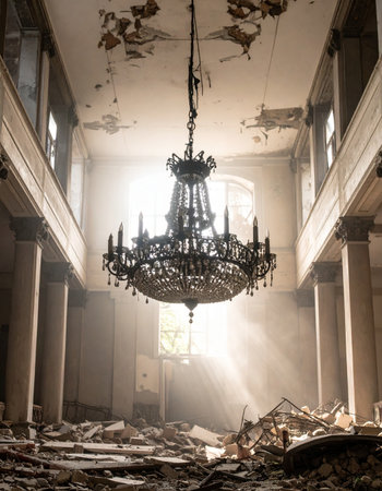 In the heart of a forgotten ballroom, a magnificent chandelier hangs as a lone survivor amidst the rubble. Beams of sunlight pierce the dusty air, illuminating the decay and hinting at the opulent past of this once-grand space. A powerful symbol of lost time, haunting beauty, and the enduring elegance of what was.の素材