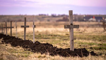 A somber row of freshly dug graves, each marked by a simple wooden cross, stretches across a desolate field. This poignant scene evokes a powerful sense of loss and the grim aftermath of conflict, serving as a solemn memorial to the fallen.の素材