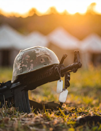 As the sun sets over the field, a soldiers helmet and rifle stand as a solemn tribute. This battlefield cross, with dog tags gently hanging, is a powerful symbol of sacrifice, honor, and remembrance for those who have served. A quiet moment of reflection at the end of the day.の素材