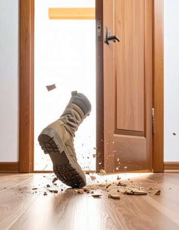 A muddy work boot is kicked off at the entrance of a home, scattering dirt and debris across a clean hardwood floor. This image captures the moment of transition from the outdoors to indoors, symbolizing the end of a long days work or an adventurous hike.の素材