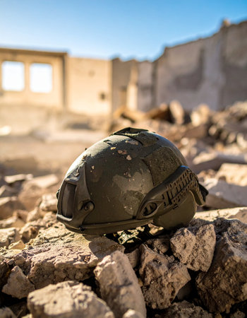 A lone combat helmet rests on the rubble of a destroyed building, a silent testament to a recent battle. Under the harsh sun, it stands as a poignant symbol of conflict, sacrifice, and the enduring aftermath of war.の素材