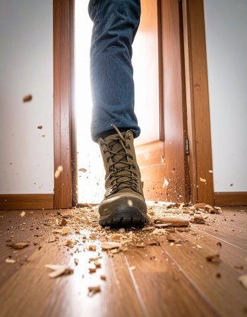 In a dramatic display of power, a combat boot smashes through a wooden door, sending splinters flying. This high-impact moment captures the essence of forced entry, urgency, and breaking through barriers, perfect for themes of law enforcement, conflict, or overcoming obstacles.の素材