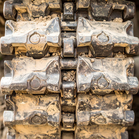 Close-up detail of a heavy-duty caterpillar track, caked in mud and earth from a long days work. This textured, industrial background speaks to the power, durability, and relentless progress of the construction industry.の素材