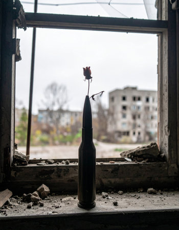 A single, withered flower finds a new home in a spent bullet casing, a poignant symbol of hope and resilience standing on a windowsill overlooking the ruins of a war-torn city. This powerful image captures the enduring spirit of life amidst devastation and the quiet protest of peace against violence.の素材