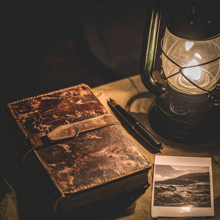 In the warm, flickering glow of a kerosene lantern, an explorers journal lies open, ready to capture the memories of a past adventure. A vintage photograph and a fountain pen rest nearby, hinting at stories of distant lands and discoveries yet to be made.の素材