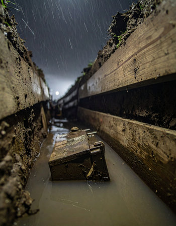 A low-angle view from within a muddy, water-filled World War I trench at night. Rain falls from the dark, foreboding sky, creating a somber and atmospheric scene of historical conflict. The wet wooden planks and dirt walls evoke a sense of hardship, survival, and the grim reality of the battlefield.の素材