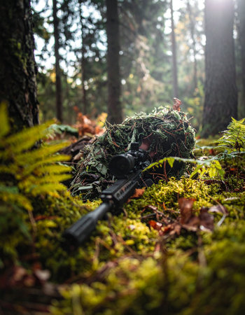 Deep within a sun-dappled forest, a special forces sniper lies perfectly still, concealed by a ghillie suit that blends seamlessly with the moss and ferns. With unwavering patience and focus, the soldier waits for the perfect moment, a silent and unseen guardian on a covert mission.の素材
