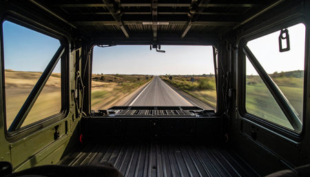 The world unfolds through the rear window of a rugged off-road vehicle. A long, straight road cuts through the arid landscape, leading towards a distant horizon under a clear blue sky. This perspective captures the essence of a journey, adventure, and the promise of what lies ahead.の素材