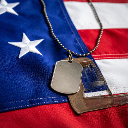 A pair of blank military dog tags rests upon the red, white, and blue of the American flag, a solemn and powerful symbol of service, sacrifice, and remembrance. This poignant image honors the brave men and women of the armed forces, evoking feelings of patriotism and gratitude for their dedication and courage.の素材