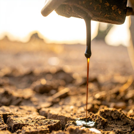 A thick, dark drop of used industrial oil falls onto the parched, cracked earth, a stark symbol of pollution and environmental neglect. The warm glow of the setting sun in the background highlights the contrast between natural beauty and man-made contamination, raising questions about industrial responsibility and its impact on our planet.の素材