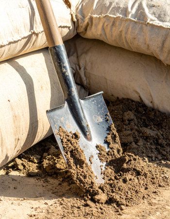 A sturdy shovel stands ready in a pile of fresh earth, leaning against heavy sandbags. This scene captures the essence of hard work and preparation, symbolizing the start of a new project, whether its building a foundation, landscaping a garden, or preparing a defense against the elements.の素材