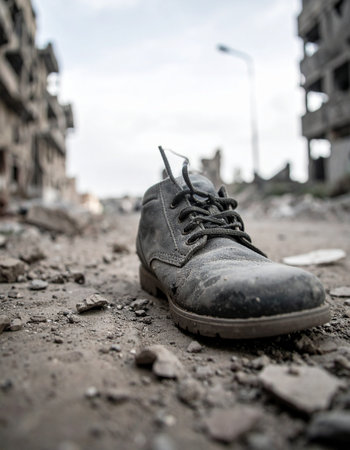 A single, dusty boot lies abandoned on the ground amidst the rubble of a destroyed city. A poignant symbol of loss and the human cost of conflict, it tells a silent story of survival, displacement, and the devastating aftermath of war.の素材