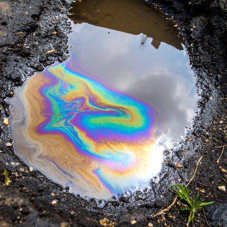 A vibrant, psychedelic rainbow of colors swirls across the surface of a puddle, created by an oil slick. This captivating abstract pattern highlights the beautiful yet concerning intersection of industrial pollution and natural phenomena.の素材