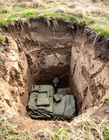 A hidden cache of military-grade survival equipment is concealed within a freshly dug earthen hole. This secret stash represents preparedness for a clandestine mission, an emergency situation, or a doomsday scenario, waiting to be retrieved when needed.の素材