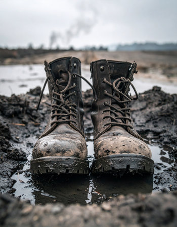 After a grueling day trekking through challenging terrain, a pair of well-worn, mud-caked boots stand as a testament to perseverance and hard work. They rest in a murky puddle, reflecting the journeys end and the rugged adventure just completed.の素材