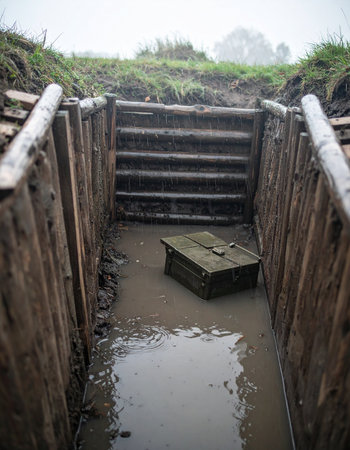 A view from inside a muddy, water-filled World War I trench, with wooden revetments holding back the earth. The bleak, damp conditions evoke the harsh reality of trench warfare and the somber history of the Great War, offering a poignant glimpse into the past.の素材