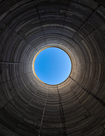 A low-angle, symmetrical view from the dark, textured interior of a concrete tower looking up towards a perfect circle of bright blue sky. This powerful, minimalist image evokes feelings of hope, freedom, and aspiration, symbolizing an escape from confinement or the journey towards a clear goal.の素材