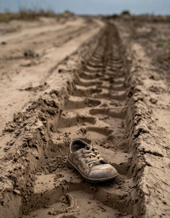 A single, weathered shoe lies abandoned in the deep muddy track of a desolate country road. The image evokes a sense of loss, a long journeys end, or a story left untold, symbolizing forgotten paths and the remnants of a difficult passage.の素材
