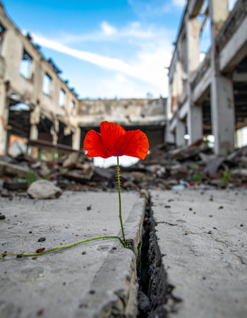 In the desolate aftermath of destruction, a single, vibrant red poppy defies the odds, emerging from a crack in the concrete. This powerful symbol of resilience and hope blooms amidst the ruins, representing lifes enduring strength and the promise of a new beginning even in the bleakest of landscapes.の素材