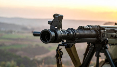 A heavy machine gun is positioned on a bipod, its barrel aimed towards a hazy valley below. The warm light of a setting sun catches the weapons metallic frame, creating a stark contrast between the instrument of war and the peaceful landscape, evoking a sense of quiet readiness and vigilance.の素材