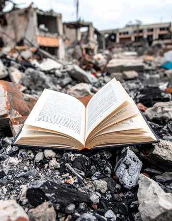 In the heart of a devastated city, amidst the rubble and ruins of a forgotten conflict, a single open book remains. It stands as a powerful symbol of hope, resilience, and the enduring power of knowledge and stories to survive even the most profound destruction.の素材