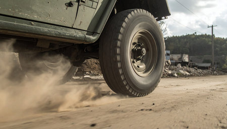 A close-up shot captures the raw power of an off-road vehicle as its rugged tire spins, kicking up a dramatic cloud of dust on a remote dirt trail. This image embodies the spirit of adventure, freedom, and conquering challenging terrains.の素材