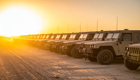 A long line of military tactical vehicles sits parked in the desert as the sun sets, casting a warm, golden glow over the scene. The fleet is ready for deployment, symbolizing strength, readiness, and the quiet moments before a mission begins.の素材