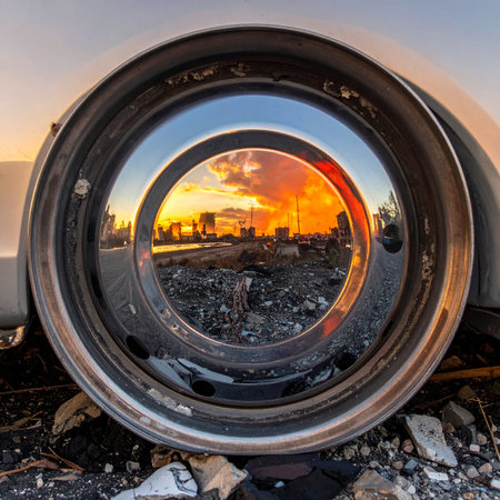 Amidst the forgotten debris of a junkyard, a discarded chrome hubcap holds a secret world. It perfectly reflects the fiery sunset over an industrial cityscape, creating a powerful visual metaphor for finding beauty and hope in decay and unexpected places.の素材