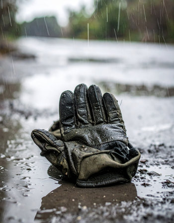 A single, forgotten glove lies abandoned on the wet pavement as rain falls around it. The scene evokes a sense of loss, mystery, and solitude, leaving the viewer to wonder about the story of its owner and how it came to be left behind.の素材