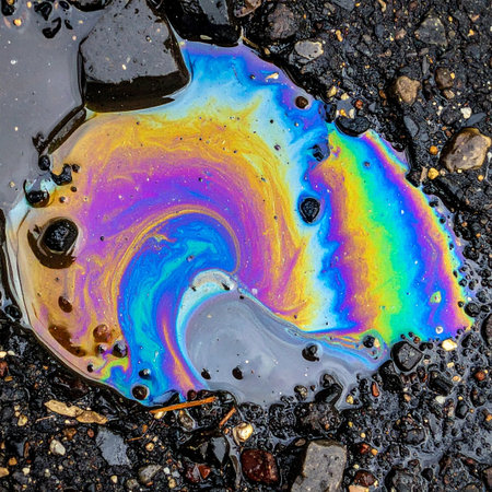 A mesmerizing swirl of psychedelic colors forms an abstract pattern as an oil slick spreads across wet asphalt. This captivating display of light interference creates a beautiful yet stark reminder of urban pollution and its environmental impact, finding unexpected art in an industrial spill.の素材