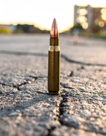A single rifle bullet stands upright on a cracked asphalt surface, bathed in the warm, golden light of a setting sun. The image evokes a sense of stillness before or after a significant event, symbolizing power, conflict, and consequence.の素材