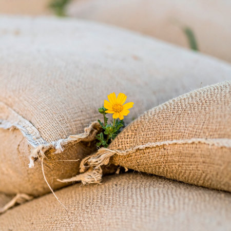 A single, vibrant yellow wildflower emerges from the coarse fibers of a burlap sack, a powerful symbol of resilience, hope, and the ability of life to flourish in the most unexpected places. This image captures a moment of delicate strength and natural beauty against a rustic, textured background.の素材