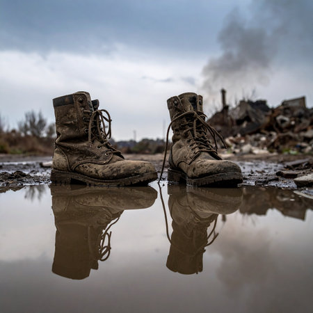 A pair of worn, mud-caked combat boots stands abandoned in a murky puddle, their reflection mirroring a somber, smoke-filled sky. In the background, the ruins of a city tell a silent story of conflict and loss, a poignant symbol of the human cost of war.の素材