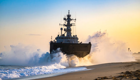 A powerful naval destroyer makes its final approach, grounding on a sandy beach as dramatic waves crash against its hull. Bathed in the warm light of a setting sun, this majestic vessel concludes its service, creating a surreal and memorable spectacle of maritime history and transition.の素材